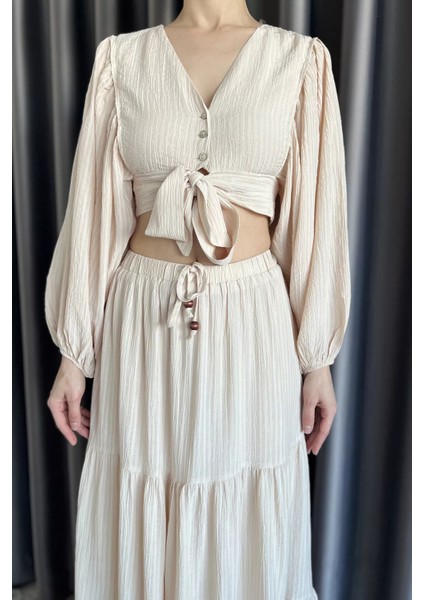 Kadın Balon Kol Ön Bağlamalı Bluz Etek Ikili Takım P-00016319 fırsatları