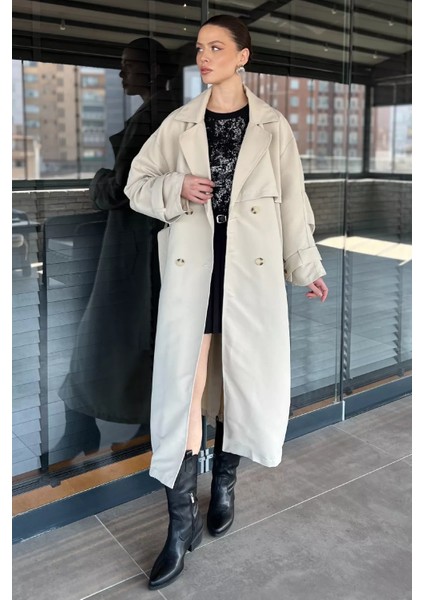 Kadın Bel Kuşaklı Yırtmaçlı Oversize Trençkot P-00016316