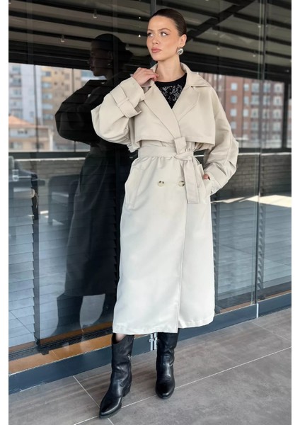 Kadın Bel Kuşaklı Yırtmaçlı Oversize Trençkot P-00016316