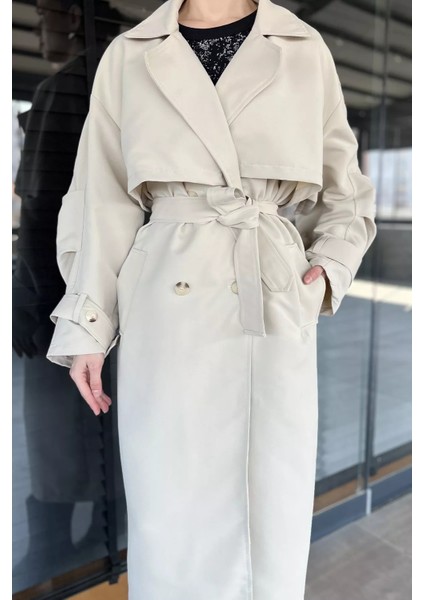 Kadın Bel Kuşaklı Yırtmaçlı Oversize Trençkot P-00016316