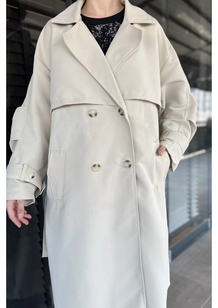 Kadın Bel Kuşaklı Yırtmaçlı Oversize Trençkot P-00016316