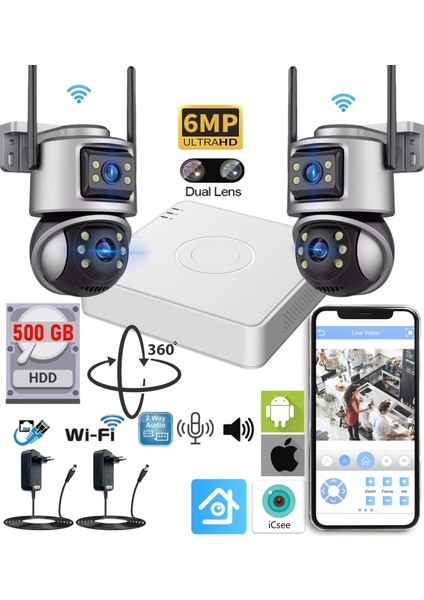 XMeye Akıllı Güvenlik Kamera Seti 2 (Dual Lens) Wifi Akıllı Kamera 500GB SSD Gece Görüş Waterproof