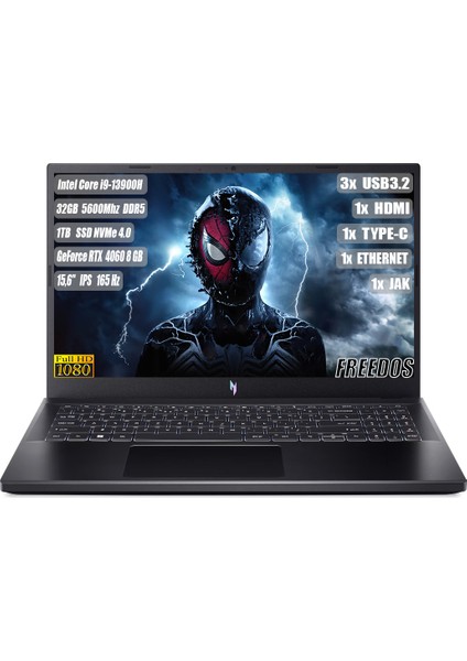 Nitro V 15 I9-13900H 32 GB 1 TB SSD RTX 4060-8 GB 15,6" FHD IPS 165 Hz Freedos NH.QQEEY.007+321