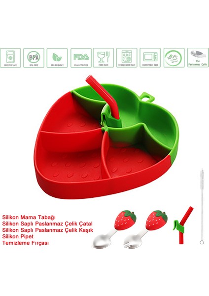 Vakumlu Silikon Mama Tabağı, Silikon Saplı Çelik Uçlu Çatal ve Kaşık ( Çilek Figürlü )