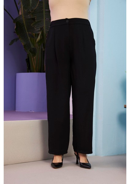 Beli Lastikli Büyük Beden Aerobin Siyah Geniş Paça Pantolon