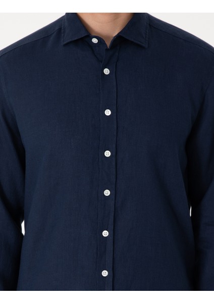 Erkek Lacivert %100 Keten Regular Fit Uzunkollu Gömlek 50303293-VR033