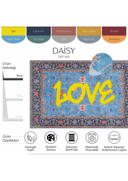 Daisy Mavi Halı Makinede Yıkanabilir Çiçekli Dokuma Şönil Halı Etnik Desen Vintage Ev Oda Halısı