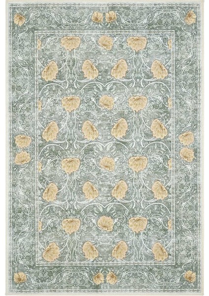 Daisy Mint Yeşili Halı Makinede Yıkanabilir Çiçekli Bohem Dokuma Şönil Halı Rustik Tarz Vintage Halı