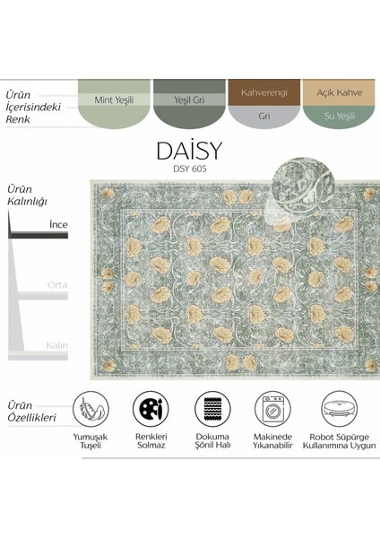 Daisy Mint Yeşili Halı Makinede Yıkanabilir Çiçekli Bohem Dokuma Şönil Halı Rustik Tarz Vintage Halı fiyatları
