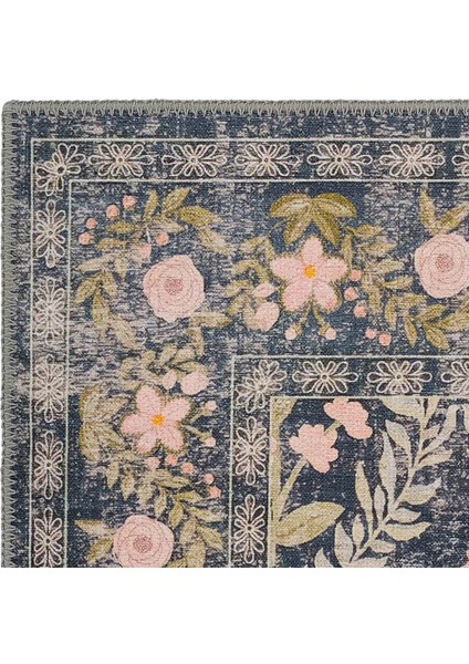 Daisy Kömür Mavi Bohem Halı Makinede Yıkanan Çiçek Desenli Dokuma Şönil Halı Otantik Vintage Halı fırsatları