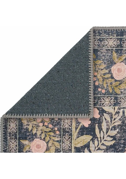 Daisy Kömür Mavi Bohem Halı Makinede Yıkanan Çiçek Desenli Dokuma Şönil Halı Otantik Vintage Halı indirimleri