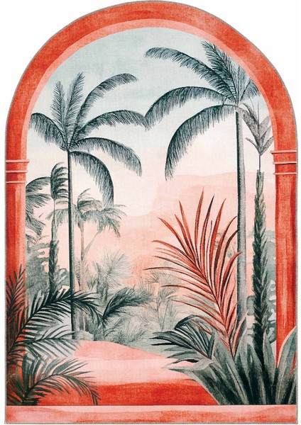 Daisy Turuncu Tropikal Manzara Yeşil Arch Kemer Form Modern Panoramik Doğa Desenli Yıkanabilir Halı