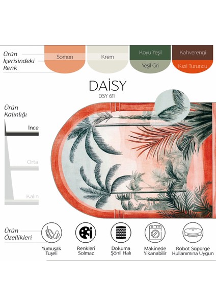 Daisy Turuncu Tropikal Manzara Yeşil Arch Kemer Form Modern Panoramik Doğa Desenli Yıkanabilir Halı fiyatları
