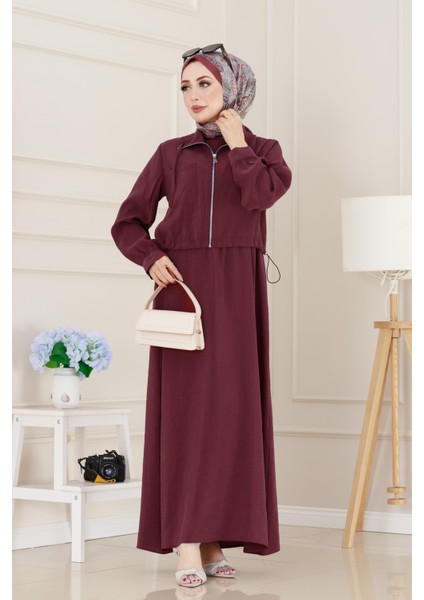 Cep Detaylı Cepkenli Ela Elbise-Bordo
