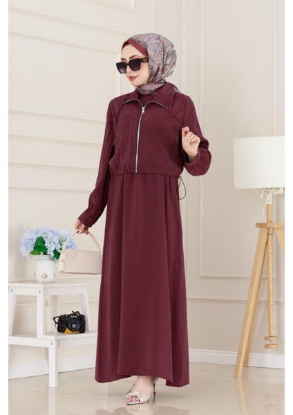Cep Detaylı Cepkenli Ela Elbise-Bordo fiyatları