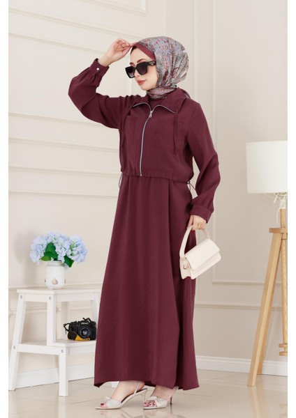 Cep Detaylı Cepkenli Ela Elbise-Bordo modelleri