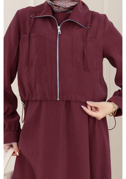 Cep Detaylı Cepkenli Ela Elbise-Bordo fırsatları