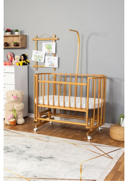 Ahşap Beşik Anne Yanı Yeni Doğan Papatya Doğal Bebek Beşiği Tek Yatak + Tekerlekli