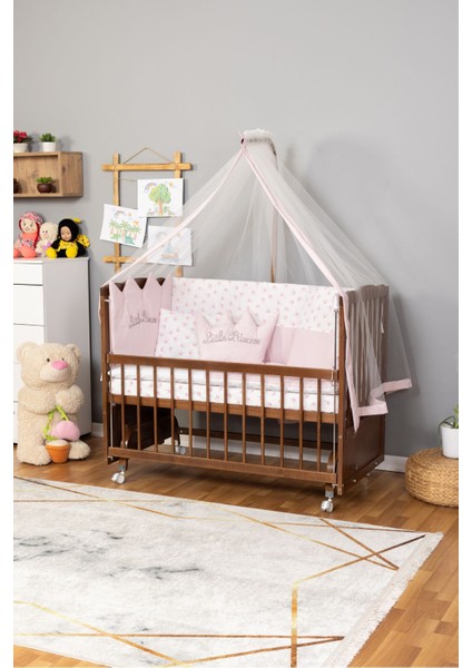 Yeni Doğan Tutku Ceviz Ahşap Beşik Anne Yanı Bebek Beşiği Pembe Nakış Uyku Setli + Tekerlekli