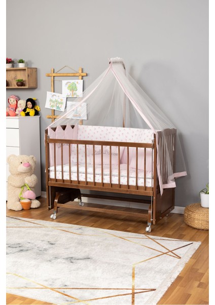 Yeni Doğan Tutku Ceviz Ahşap Beşik Anne Yanı Bebek Beşiği Pembe Nakış Uyku Setli + Tekerlekli modelleri