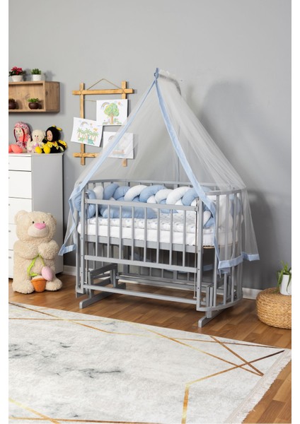 Ahşap Beşik Anne Yanı Yeni Doğan Papatya Gri Bebek Beşiği Mavi Beyaz Örgü Uyku Setli