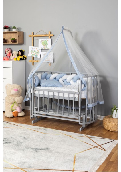 Ahşap Beşik Anne Yanı Yeni Doğan Papatya Gri Bebek Beşiği Mavi Beyaz Örgü Uyku Setli fiyatları