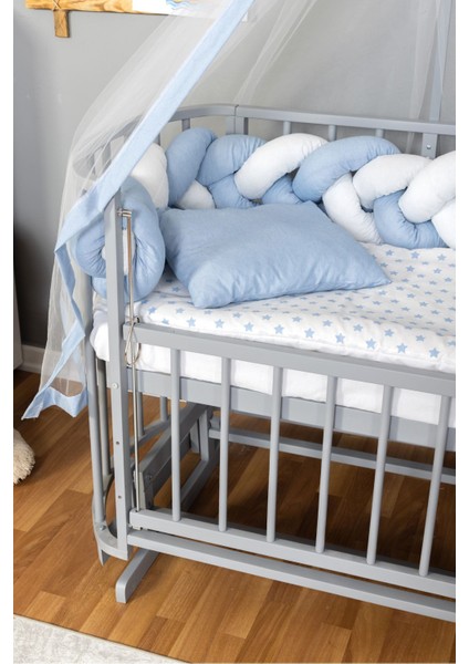 Ahşap Beşik Anne Yanı Yeni Doğan Papatya Gri Bebek Beşiği Mavi Beyaz Örgü Uyku Setli modelleri