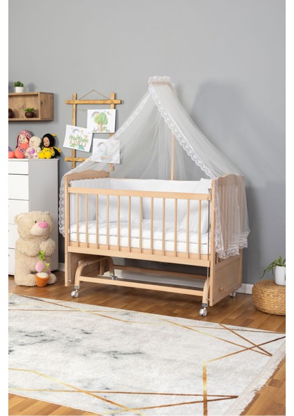 Ahşap Beşik Anne Yanı Tutku Organik (Boyasız) Bebek Beşiği Beyaz Güpür Uyku Setli + Tekerlek