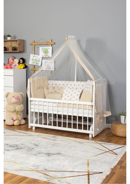Beyaz Nakış Erkek Uyku Setli Ahşap Beşik Anne Yanı Bebek Beşiği Tutku Krem Yeni Doğan