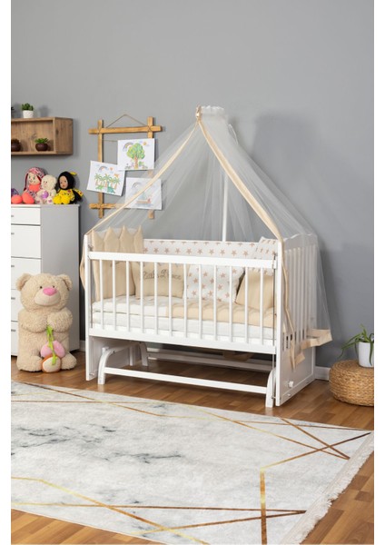 Beyaz Nakış Erkek Uyku Setli Ahşap Beşik Anne Yanı Bebek Beşiği Tutku Krem Yeni Doğan modelleri