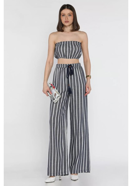 Kadın Çizgi Desenli Straplez Crop Top Bluz Palazzo Pantolon Ikili Takım P-00016546