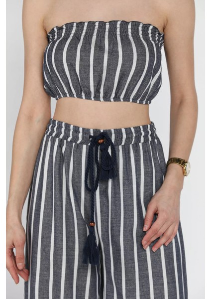 Kadın Çizgi Desenli Straplez Crop Top Bluz Palazzo Pantolon Ikili Takım P-00016546 fırsatları