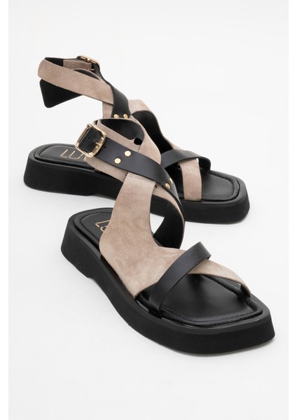 Minnea Siyah Gri Süet Deri Kadın Sandalet