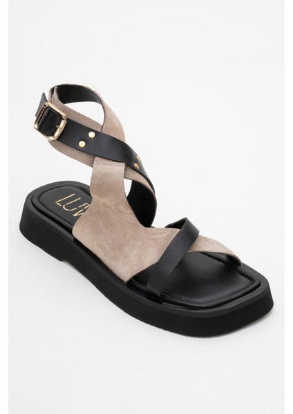 Minnea Siyah Gri Süet Deri Kadın Sandalet modelleri