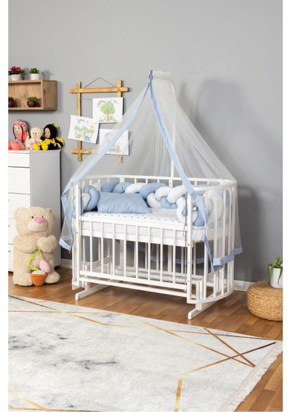 Ahşap Beşik Anne Yanı Yeni Doğan Papatya Beyaz Bebek Beşiği Mavi Beyaz Örgü Uyku Setli fiyatları