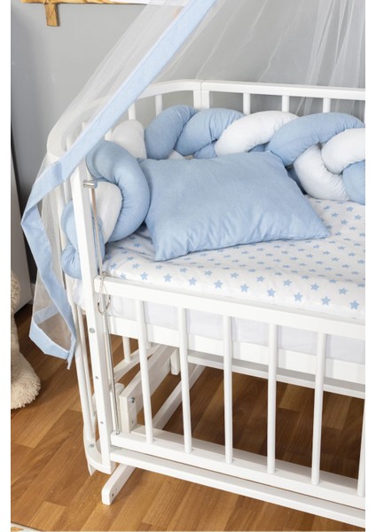 Ahşap Beşik Anne Yanı Yeni Doğan Papatya Beyaz Bebek Beşiği Mavi Beyaz Örgü Uyku Setli modelleri