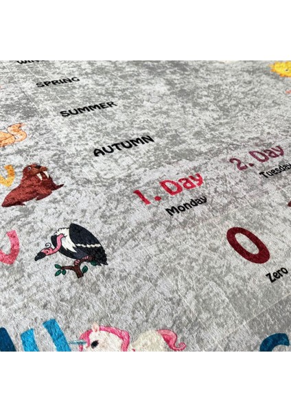 Ingilizce Figürlü Eğitici Oyun Halısı Çocuk Bebek Odası Gri Renkli Yıkanabilir Kaymaz Taban Halı modelleri