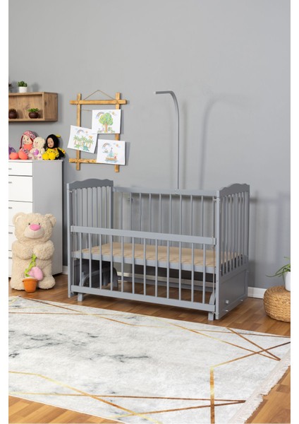 Ahşap Beşik Anne Yanı Yeni Doğan Tutku Gri Boyalı Bebek Beşiği Uyku Setsiz