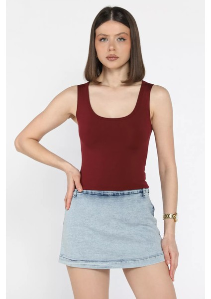Kadın Modal Kumaş Sıfır Kol Likralı Crop Top Bluz P-00016648