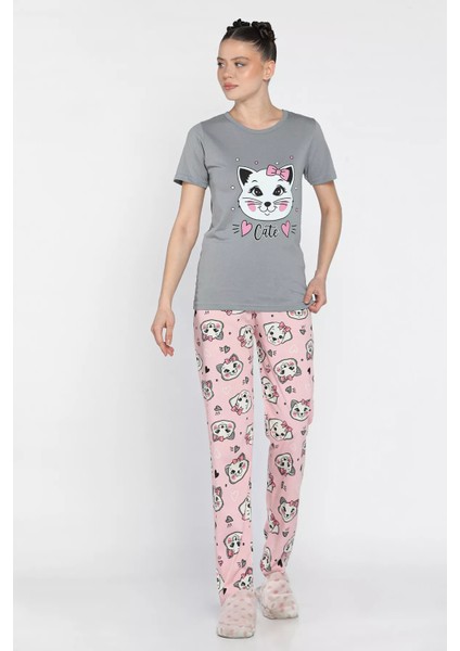 Kadın Kısa Kol Baskılı Pijama Takımı P-00016645