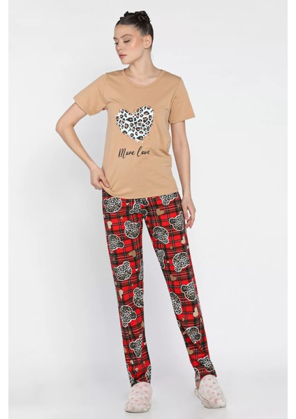 Kadın Ekose Desenli Yarım Kol Baskılı Pijama Takımı P-00016639