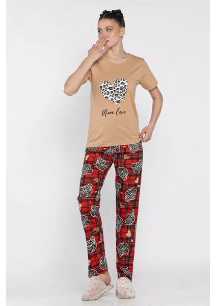 Kadın Ekose Desenli Yarım Kol Baskılı Pijama Takımı P-00016639 fiyatları