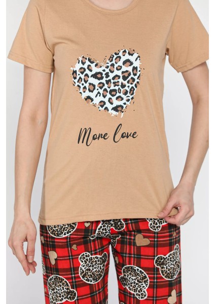 Kadın Ekose Desenli Yarım Kol Baskılı Pijama Takımı P-00016639 fırsatları