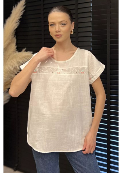 Nakışlı Kadın Keten Bluz P-00016408