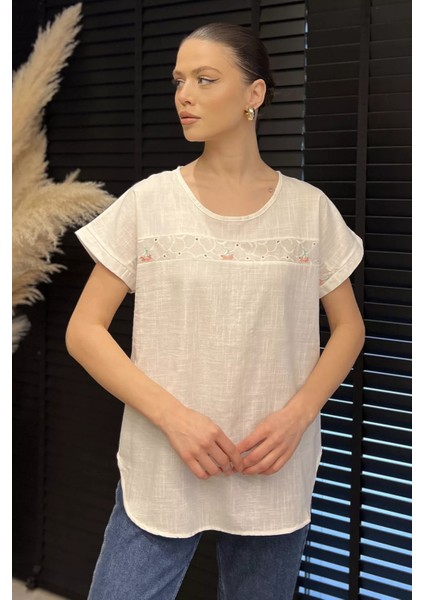 Nakışlı Kadın Keten Bluz P-00016408