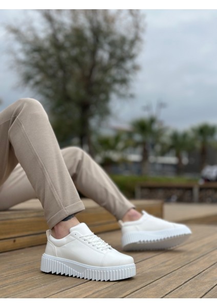 ET8104 Yüksek Taban Rugan Beyaz Bağcıklı Erkek Ayakkabı