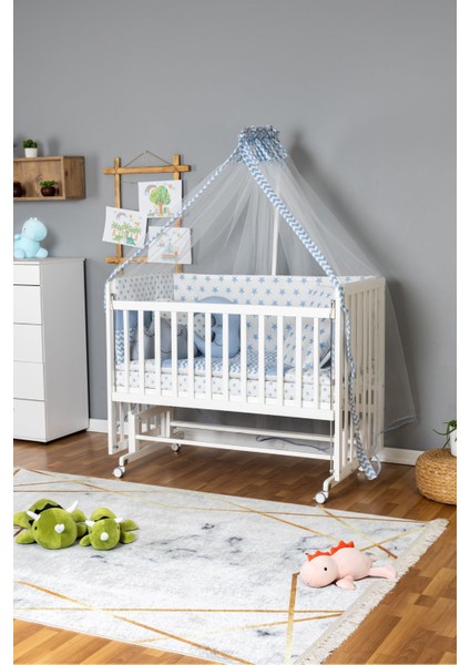 Ahşap Beşik Anne Yanı Yeni Doğan Asya Beyaz Bebek Beşiği Mavi Yıldız Uyku Setli + Tekerlekli