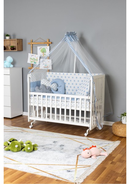 Ahşap Beşik Anne Yanı Yeni Doğan Asya Beyaz Bebek Beşiği Mavi Yıldız Uyku Setli + Tekerlekli fiyatları