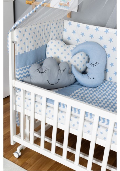 Ahşap Beşik Anne Yanı Yeni Doğan Asya Beyaz Bebek Beşiği Mavi Yıldız Uyku Setli + Tekerlekli modelleri