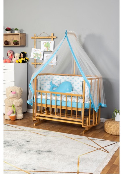 Ahşap Beşik Anne Yanı Yeni Doğan Papatya Doğal Bebek Beşiği Mavi Balina Uyku Setli